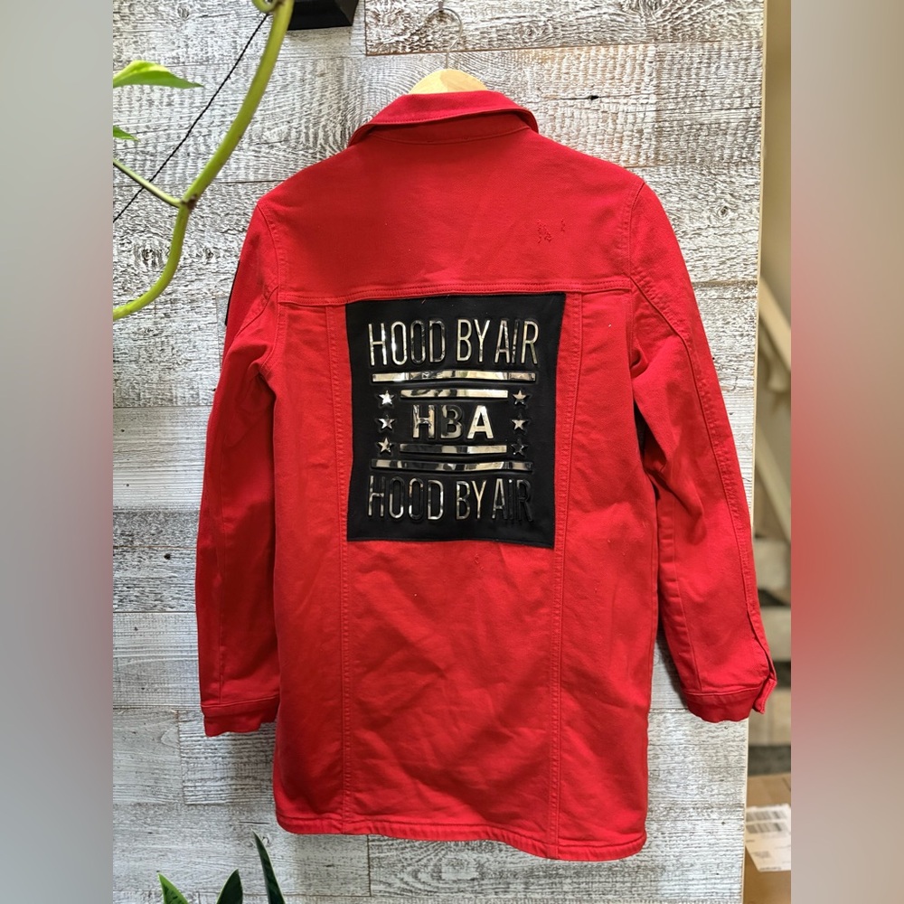 🏷 Tricotto | Long Denim Streetwear Jean Jacket "Hood by Air" Decals - Women's S